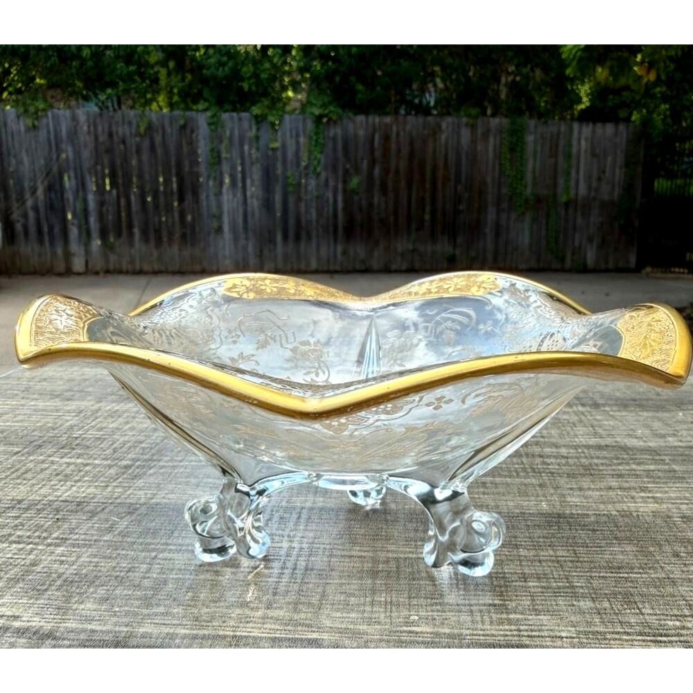 Vintage Gold Encrusted Etched Crystal Glass 3 Footed Bowl Floral 6.25"